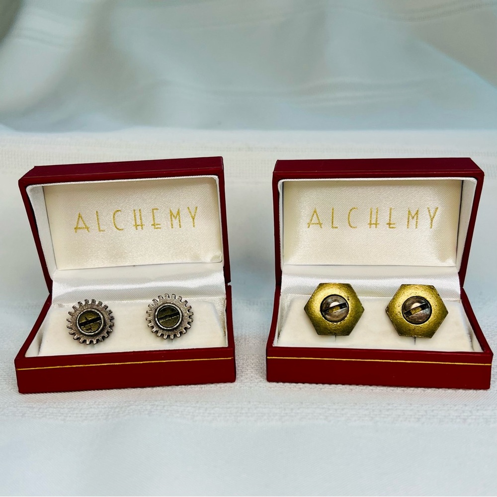 Alchemy Steampunk Gear &‎ Hex Nut Cufflinks Industrial Gothic Silver Brass Tone